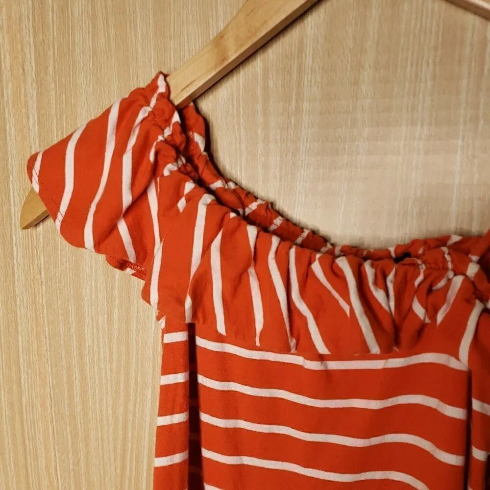 Gap Kids Orange Striped Ruffle Shoulder Dress 6-7